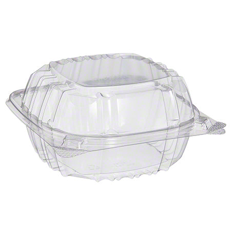 ClearSeal® hinged lid container made of PET plastic, featuring a secure dual bar-lock closure for food storage.