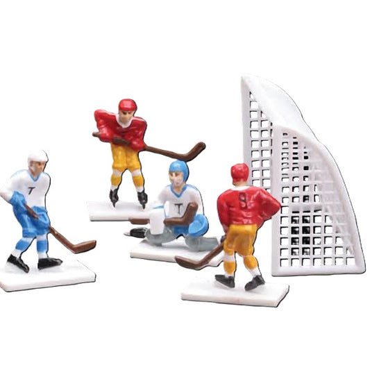 Hockey player figures and goal cake topper kit, including two teams and a net, to create a dynamic hockey scene on cakes, great for hockey team parties and fans.