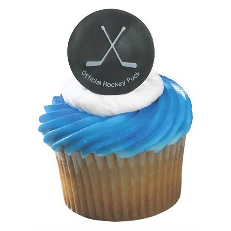 Six-pack of hockey puck cupcake rings with crossed sticks design, perfect for hockey-themed desserts and sports celebrations.