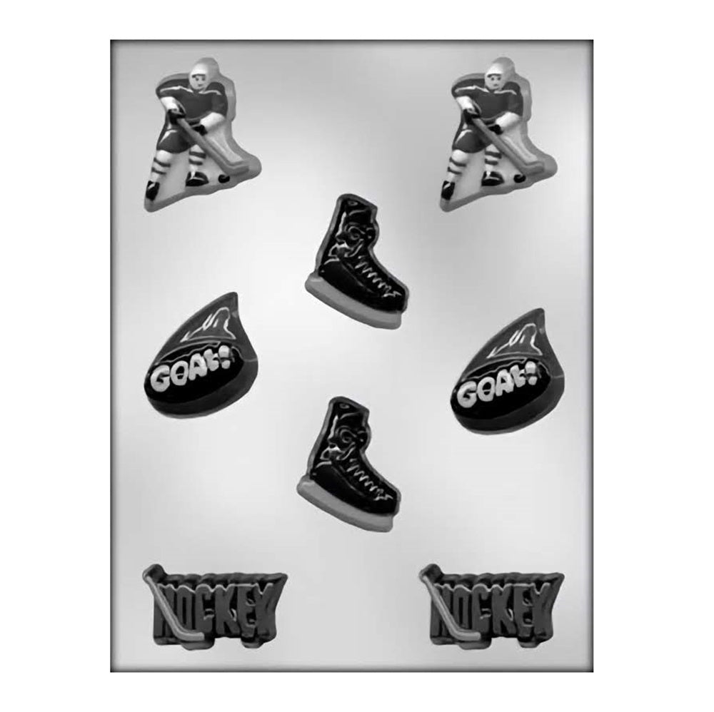 A versatile hockey-themed chocolate mold sheet, with cavities shaped as hockey players in action, hockey skates, 'GOAL!' text, and 'HOCKEY' text in bold, perfect for making themed confections for team celebrations or hockey-themed parties.