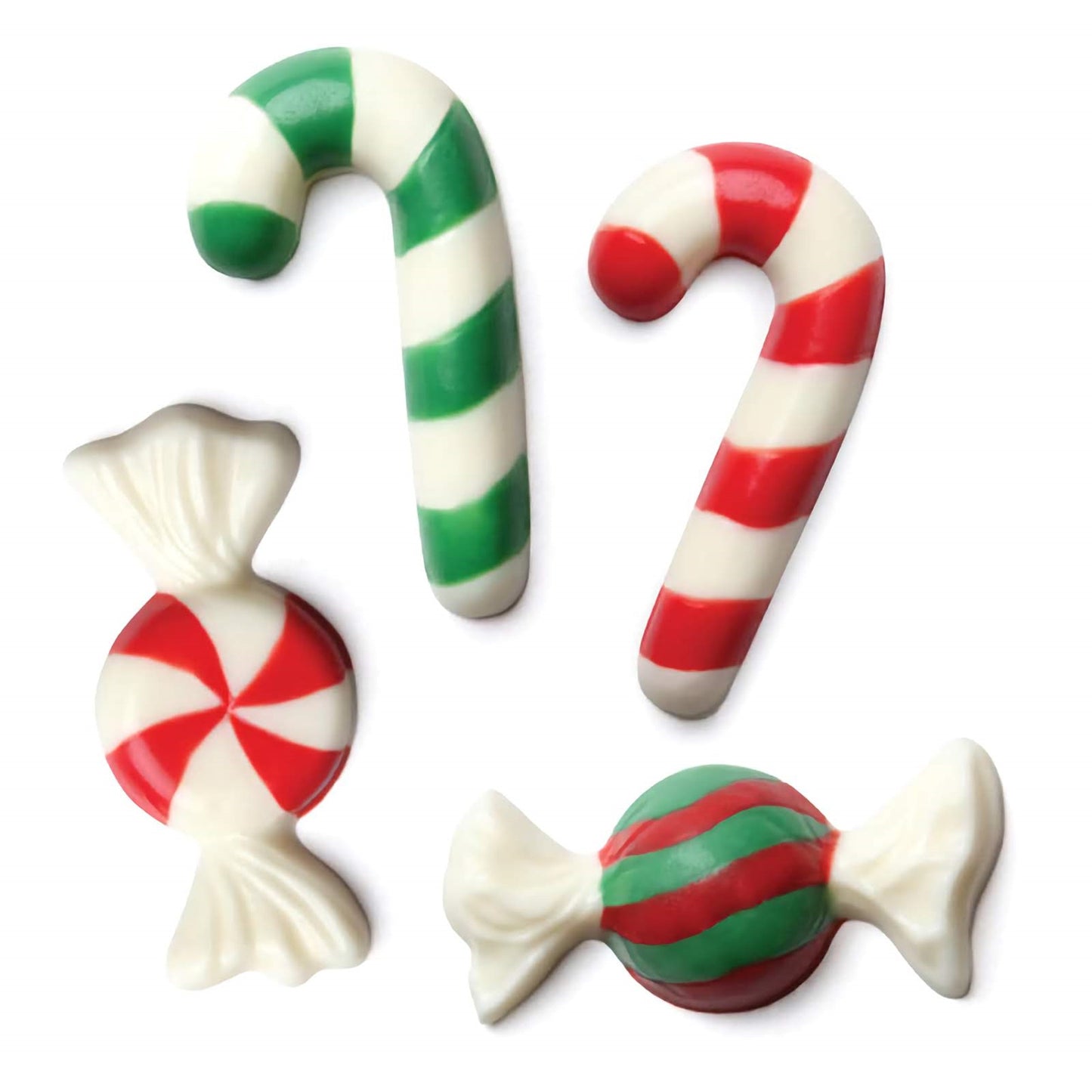 Confectionery mold-crafted miniature holiday candies featuring two green and white striped candy canes and two classic round peppermints, one in red and white and the other in green and white, all with a glossy, realistic appearance, evoking festive Christmas spirit.