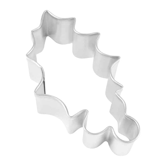 Holly leaf-shaped tin cookie cutter with curved edges, shown from the top.