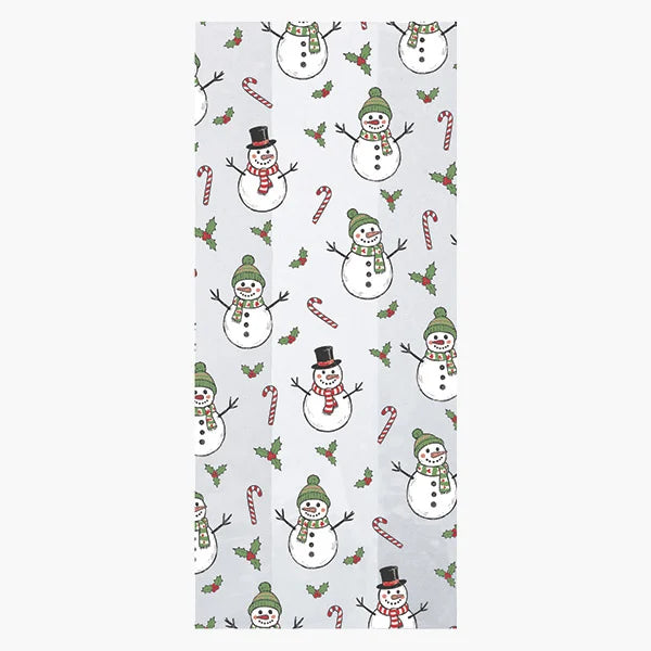 A long rectangular clear bag with a repeating Christmas print of snowmen, candy canes, and holly leaves, shown flat against a light gray background.