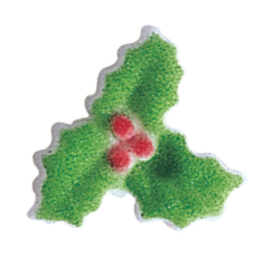 Holly Sugar Pressed Sugar Decoration with green leaves and red berries, perfect for holiday-themed dessert toppings.