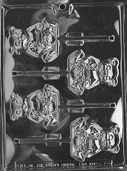Plastic candy mold with four lollipop cavities shaped like bears holding honey pots, designed for making large chocolate or candy pops.