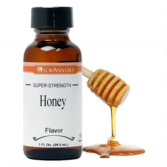 1 fl oz bottle of LorAnn Oils Super Strength Honey Flavor with a honey dipper drizzling golden honey, depicting the sweet and sticky natural essence.