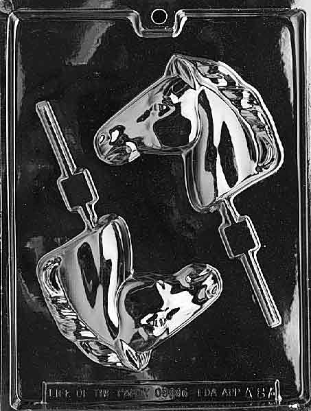 Plastic candy mold with two large lollipop cavities shaped like horse heads with detailed facial features and flowing manes, designed for making chocolate or candy pops.