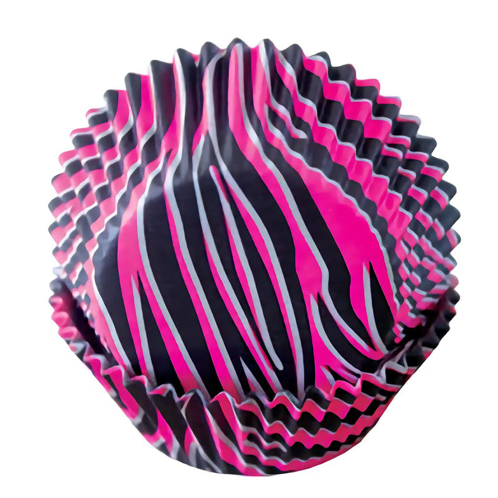 Stack of hot pink and black zebra print cupcake liners, perfect for themed parties and stylish baking.