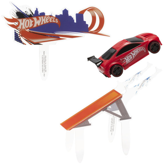 A red Hot Wheels™ car with rolling wheels, a stunt ramp, and a cityscape backdrop featuring the Hot Wheels™ logo.