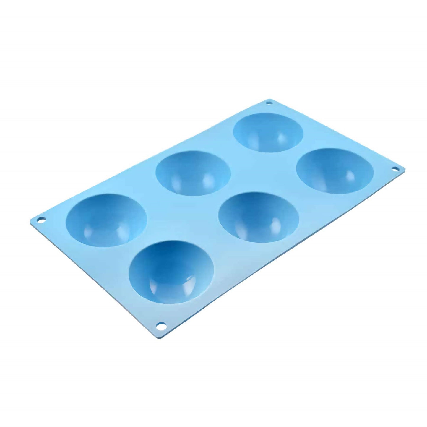A light blue silicone mold for creating hot chocolate bombs, lying flat against a white background. The mold has six round cavities that are half-spherical in shape, designed to make half of a spherical hot chocolate bomb each. The cavities are arranged in two rows of three and are sized to create 2.5-inch diameter chocolate spheres when completed. The flexible material of the mold suggests it is designed for easy release of the finished chocolate pieces.