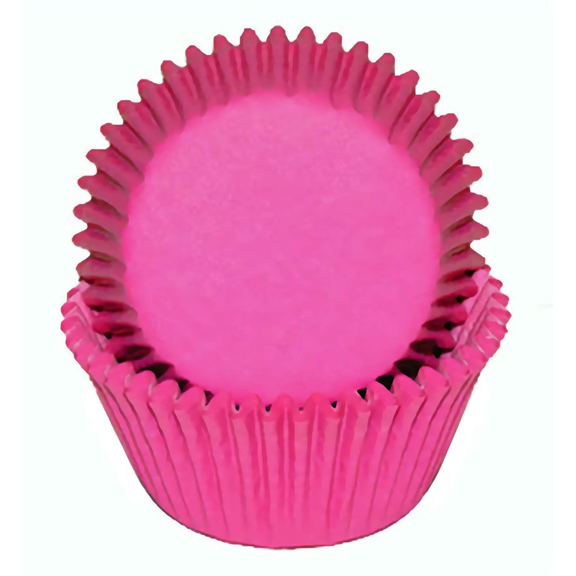 Standard-sized hot pink greaseproof cupcake liners, stacked in a nesting arrangement. The bright hot pink color and greaseproof design ensure a vibrant and clean look for cupcakes.