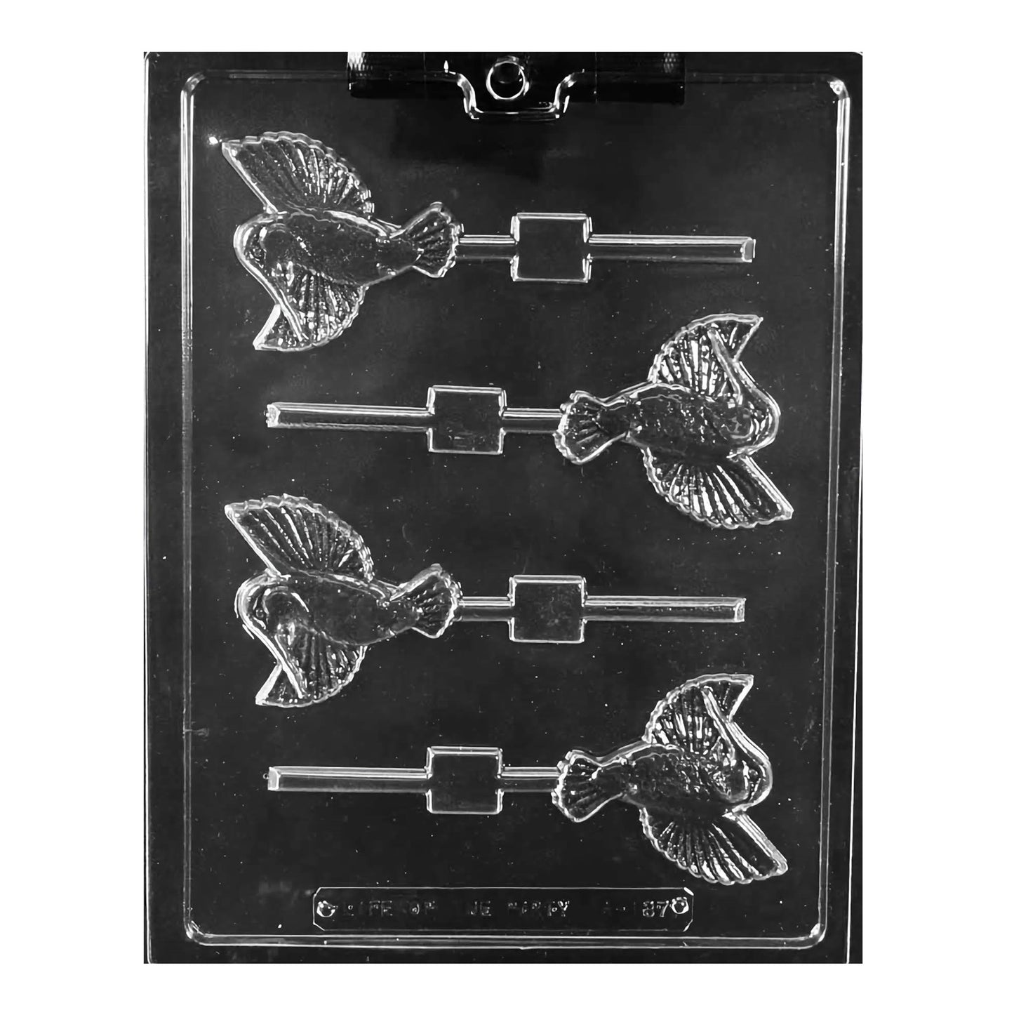Intricately detailed Hummingbird Chocolate Lollipop Mold capturing the exquisite features of a hummingbird in mid-hover with wings gracefully spread. The mold is ideal for nature enthusiasts, bird watchers' gatherings, or to add an elegant touch of wildlife to your chocolate creations.