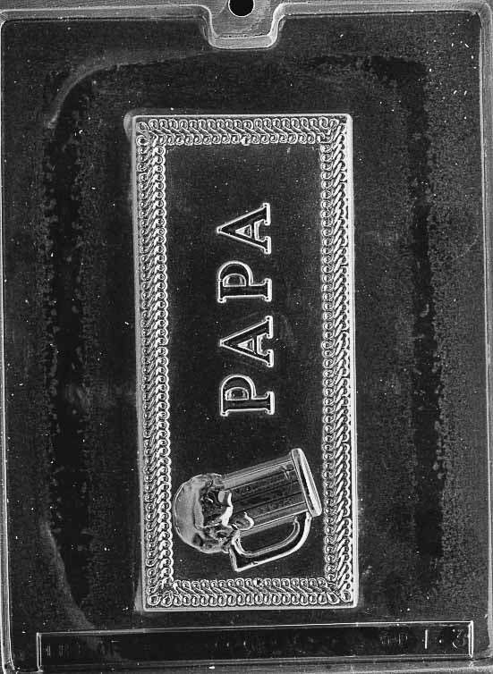 Image shows PAPA GREETING CARD (FRENCH) mold with large rectangular chocolate card design and raised "Papa" lettering.