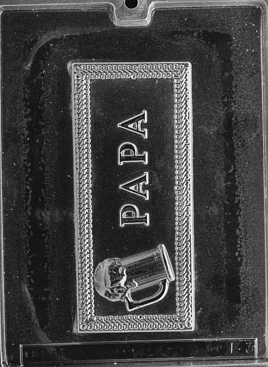 Image shows PAPA GREETING CARD (FRENCH) mold with large rectangular chocolate card design and raised "Papa" lettering.