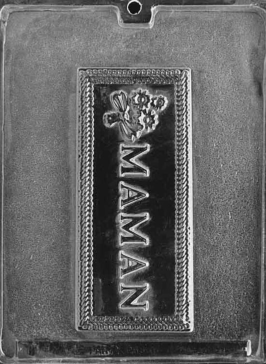 Image shows MAMAN GREETING CARD (FRENCH) mold with a rectangular cavity featuring “Maman” in raised letters.