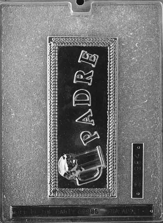 Image shows PADRE GREETING CARD (SPANISH) mold with rectangular card shape and raised “Padre” text.