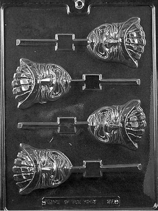 Image shows TRIBAL MASK Lollipop mold with bold facial features and symmetrical tribal design.
