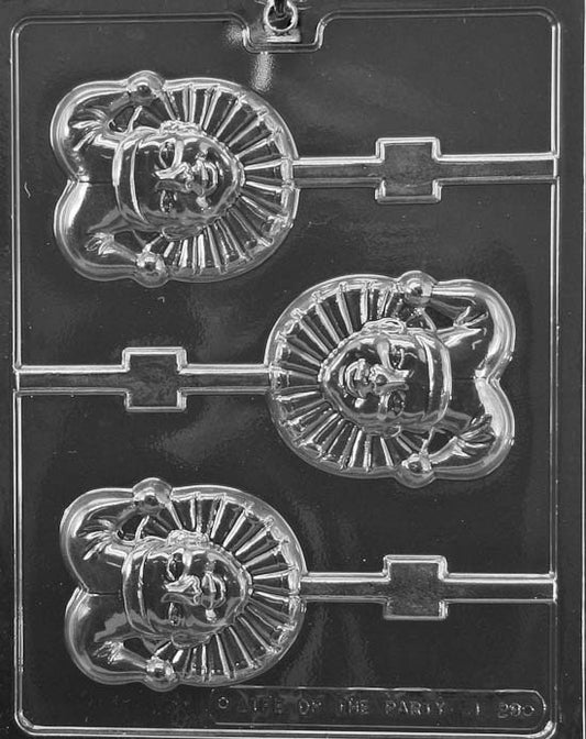Image shows MARDI GRAS JESTER Lollipop mold with a smiling jester face featuring classic hat and festive shape.