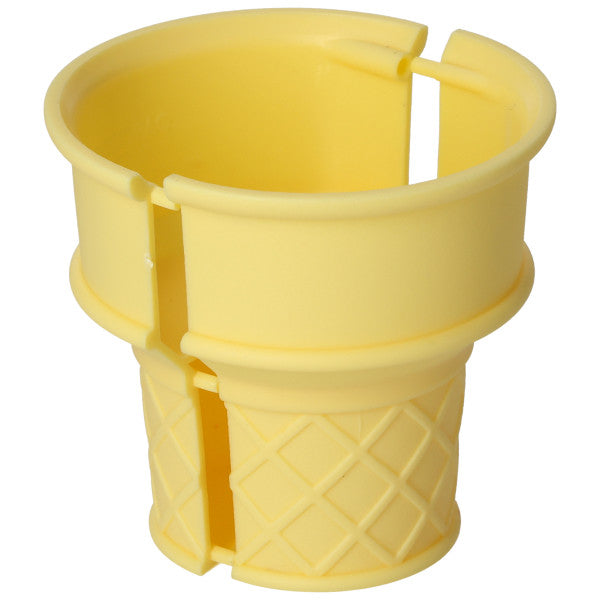 Yellow plastic ice cream cone cake topper half shown upright on a white background, featuring a smooth cone collar and waffle cone texture at the base.