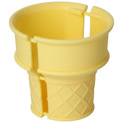 Yellow plastic ice cream cone cake topper half shown upright on a white background, featuring a smooth cone collar and waffle cone texture at the base.