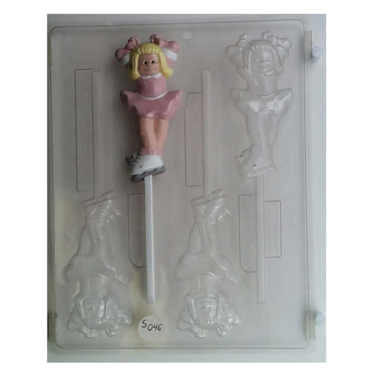 A whimsical chocolate mold for an ice skater girl, complete with a twirling figure on skates and a bun hairstyle, which makes for a playful treat at winter-themed parties or figure skating competitions.