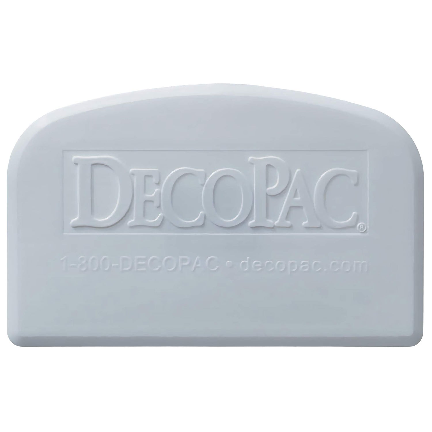 Gray plastic icing scraper with rounded top and embossed DecoPac logo, featuring a compact, ergonomic design for cake decorating and baking tasks.