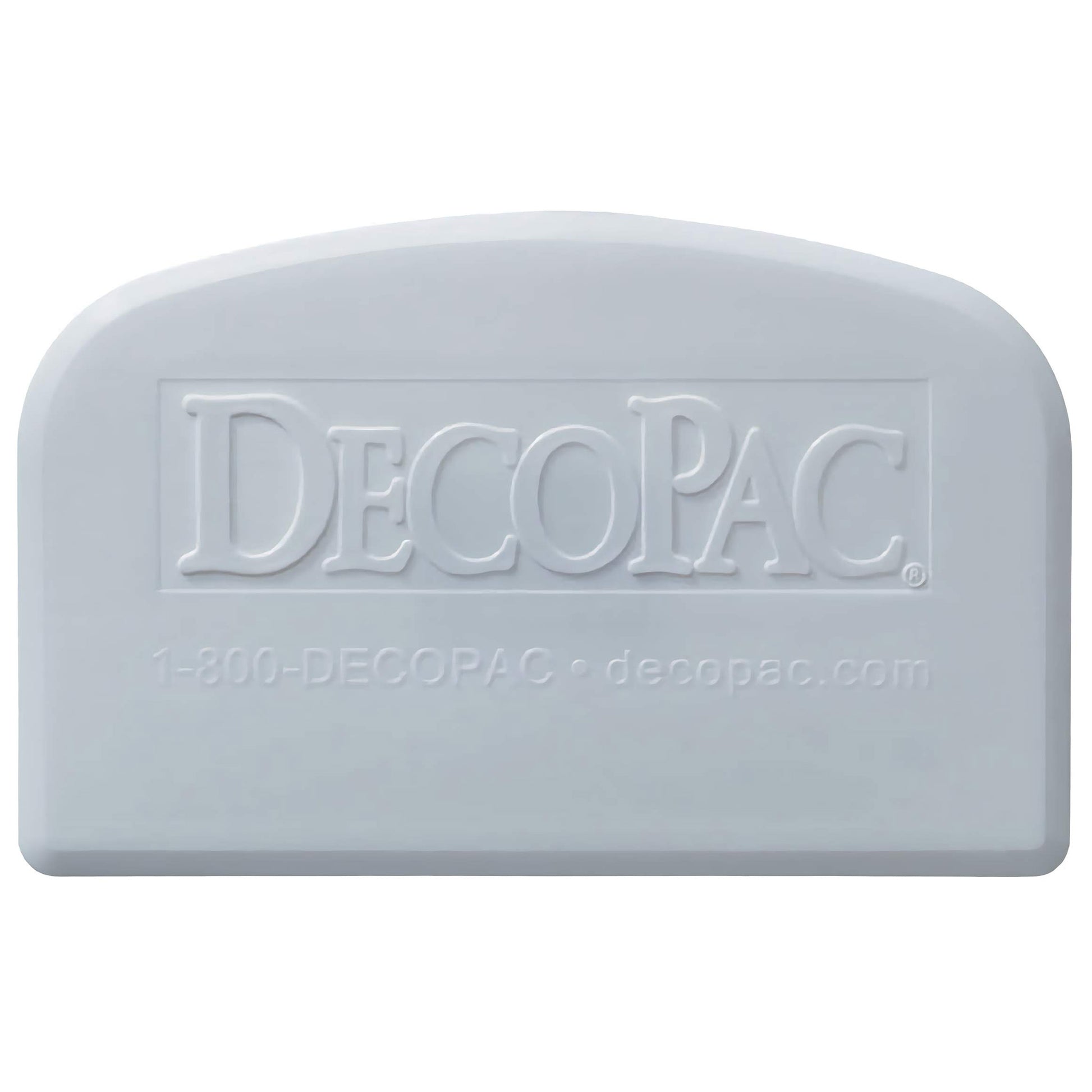 Gray plastic icing scraper with rounded top and embossed DecoPac logo, featuring a compact, ergonomic design for cake decorating and baking tasks.