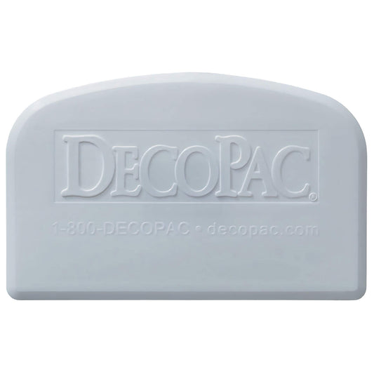 Gray plastic icing scraper with rounded top and embossed DecoPac logo, featuring a compact, ergonomic design for cake decorating and baking tasks.