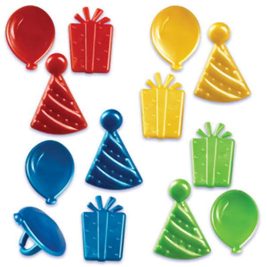 A fun set of twelve "Happy Birthday" cupcake rings designed as miniature party icons, including red and yellow balloons, blue party hats, and green gift boxes, providing an instant decoration that doubles as a take-home favor for birthday party guests.