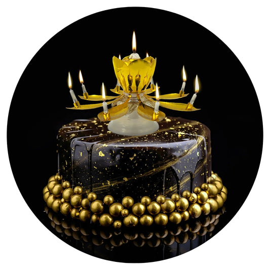Gold lotus-style birthday candle opened and spinning on a glossy black cake with gold splatter accents and a border of gold sugar pearls, multiple small flames lit around the candle.