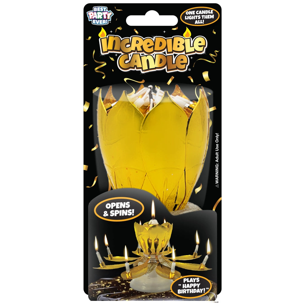 Retail packaging for Incredible Candle in gold on a black background with gold confetti; shows the closed lotus-style candle and an inset of it opened with multiple lit candles.