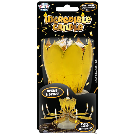 Retail packaging for Incredible Candle in gold on a black background with gold confetti; shows the closed lotus-style candle and an inset of it opened with multiple lit candles.