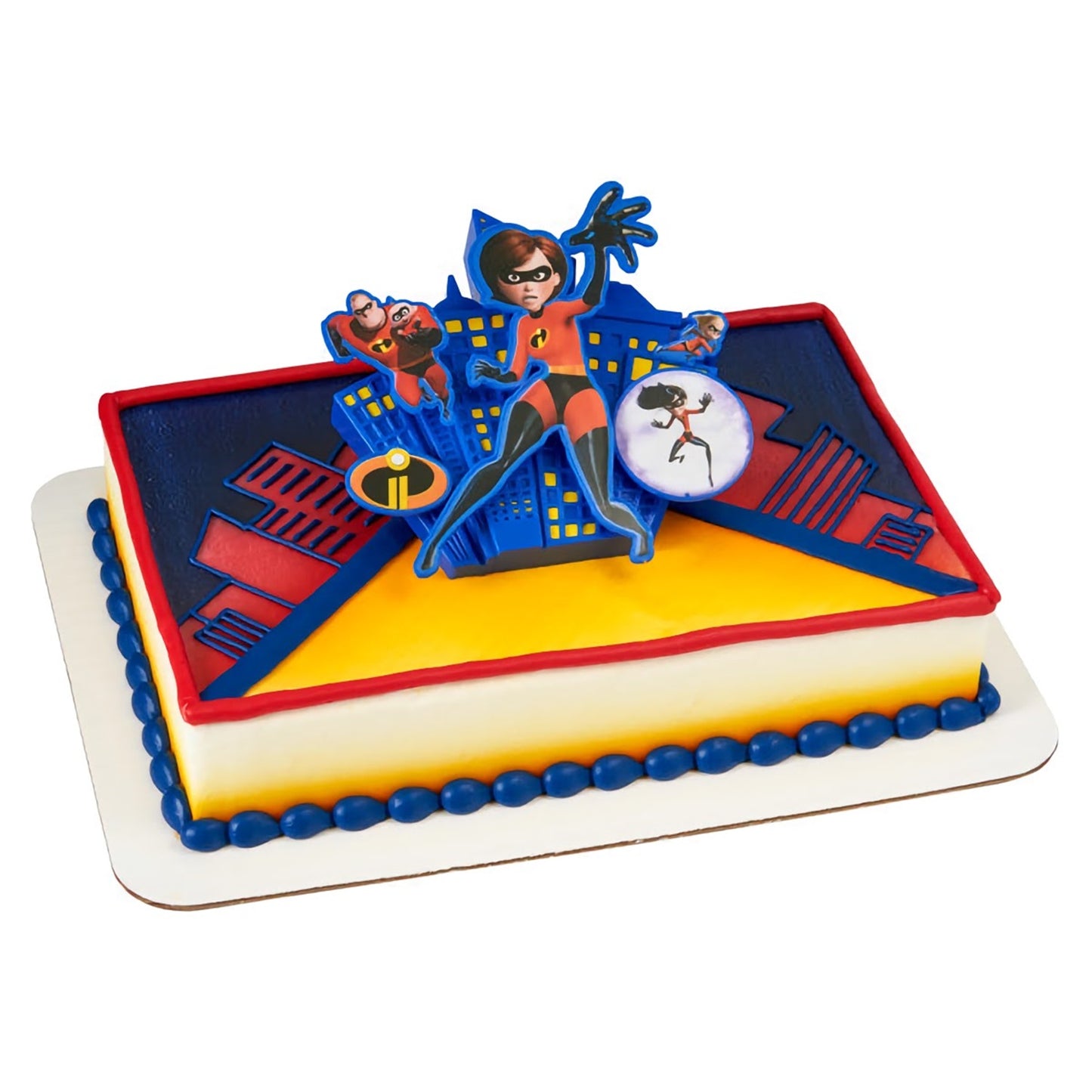 Rectangular cake with 'Incredibles 2' theme, showcasing the family in action with 3D figures of Mr. Incredible, Elastigirl, and Violet on a cityscape fondant backdrop with a yellow to red gradient icing.