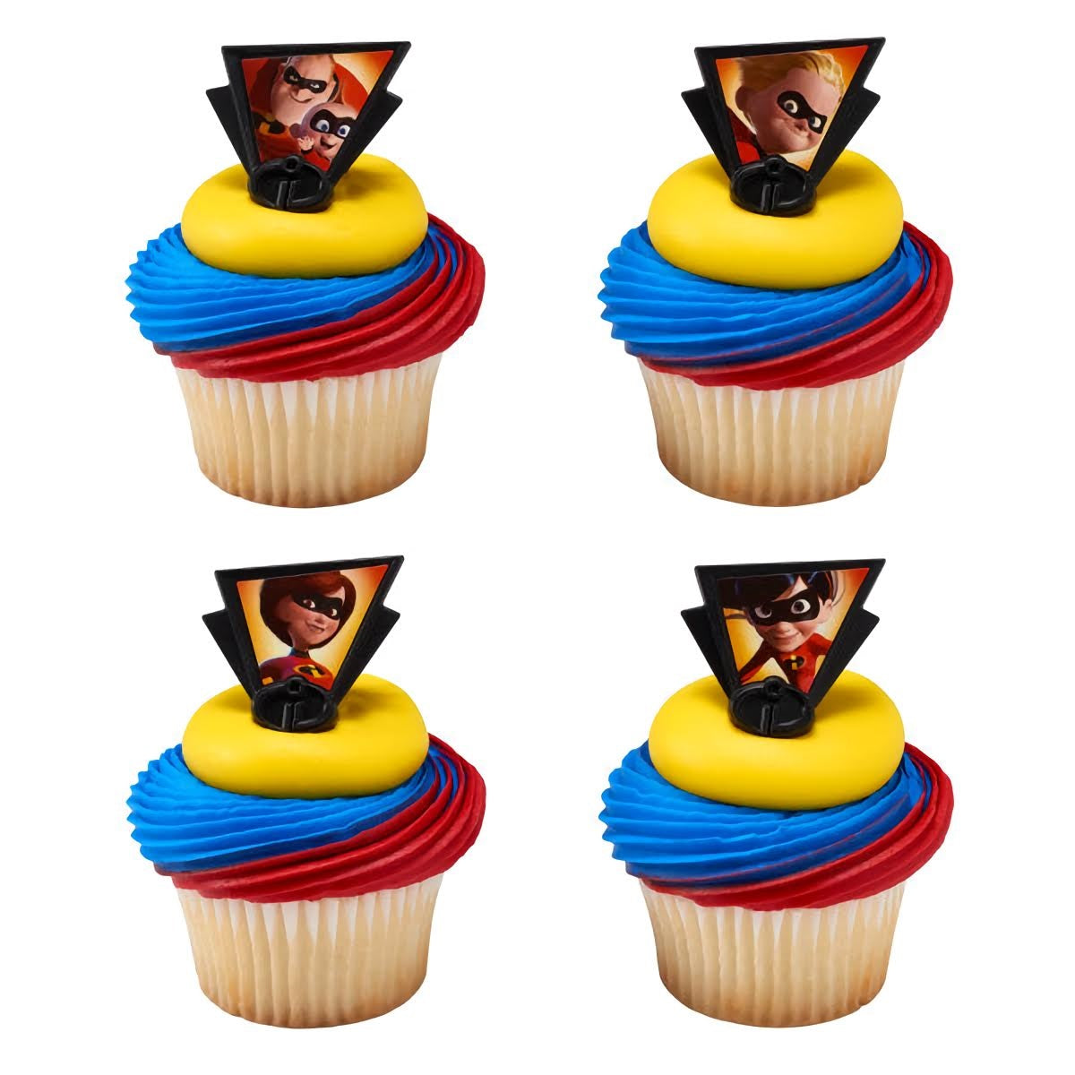 Vanilla cupcakes with vibrant red and blue swirled icing topped with 'Incredibles 2' character rings featuring Mr. Incredible, Elastigirl, and Violet, perfect for superhero-themed parties.
