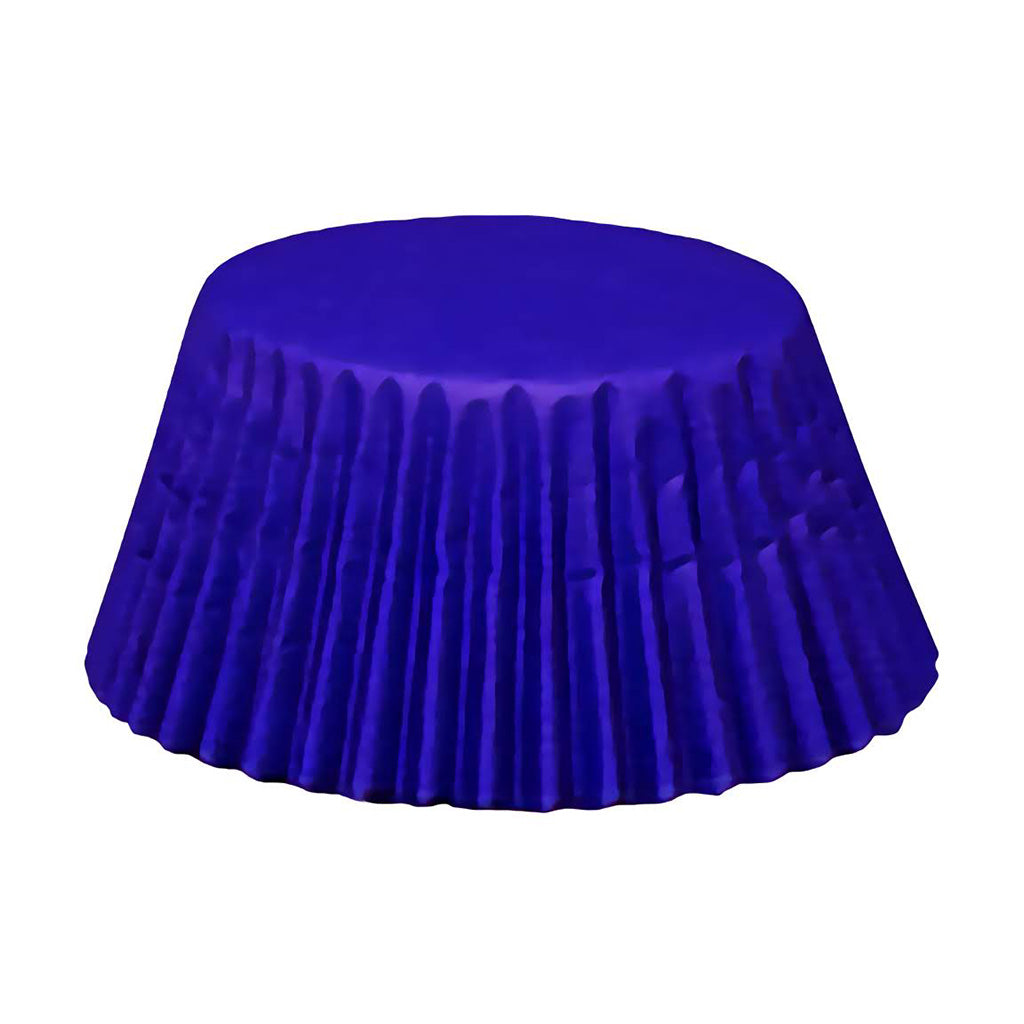 Standard-sized indigo blue greaseproof cupcake liners, stacked in a nesting arrangement. The bold indigo blue color and greaseproof material make these liners ideal for a striking cupcake presentation.