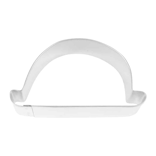 Metal Irish derby hat-shaped cookie cutter with a rounded top and curved brim, shown from a top-down view.