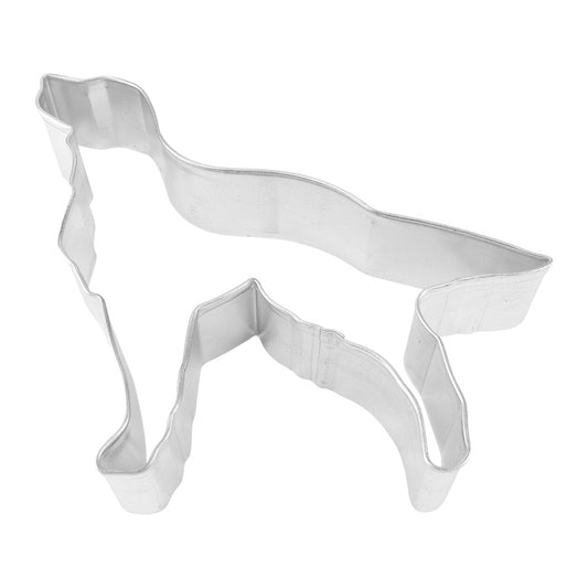 A metal Irish Setter-shaped cookie cutter featuring a standing dog silhouette with a feathered tail, lying flat on a white background.