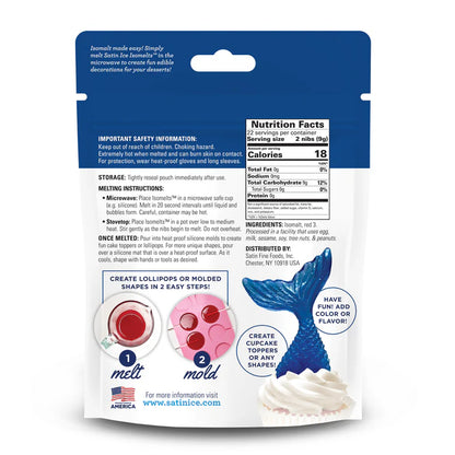 Back of Satin Ice Isomelts blue isomalt nibs bag showing nutrition facts, melting instructions, and a photo of a blue mermaid tail decoration on a cupcake.