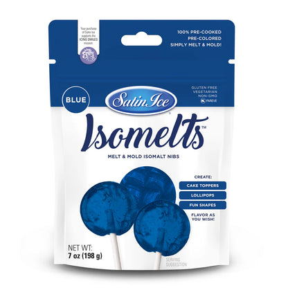 Front of Satin Ice Isomelts blue isomalt nibs bag with a dark blue top band and images of blue translucent lollipops, labeled 7 oz on a white background.
