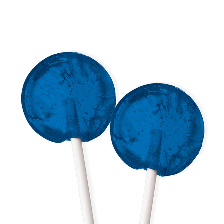 Two translucent blue isomalt lollipops with a glossy, glass-like finish on white sticks, shown on a white background.