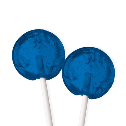 Two translucent blue isomalt lollipops with a glossy, glass-like finish on white sticks, shown on a white background.