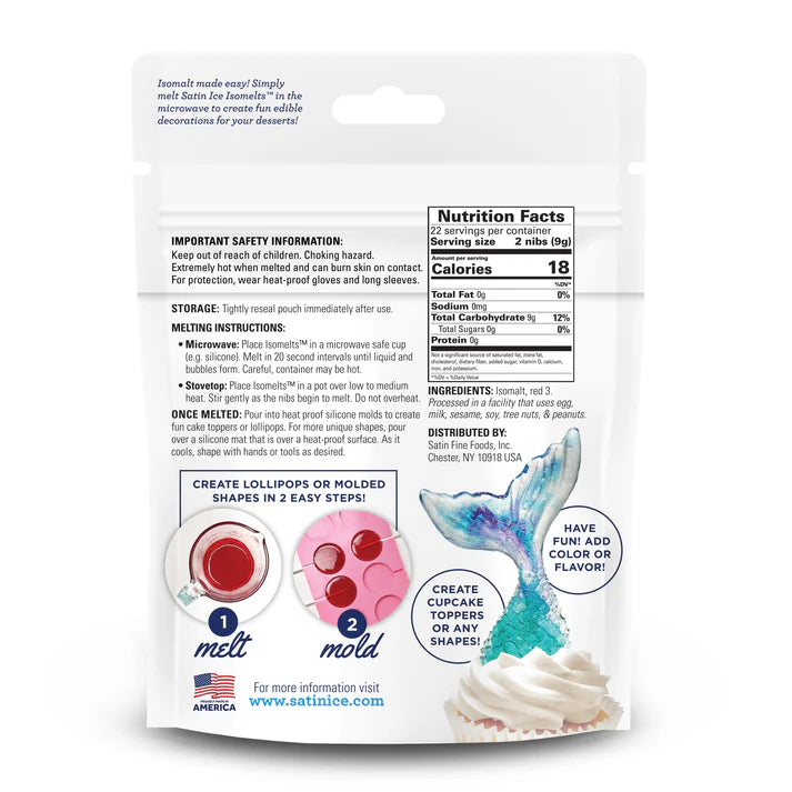Back of Satin Ice Isomelts clear isomalt nibs bag showing nutrition facts, melting instructions, and a photo of an iridescent blue mermaid tail decoration on a cupcake.