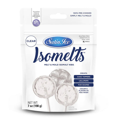Front of Satin Ice Isomelts clear isomalt nibs bag with white and gray packaging and images of clear translucent lollipops, labeled 7 oz on a white background.
