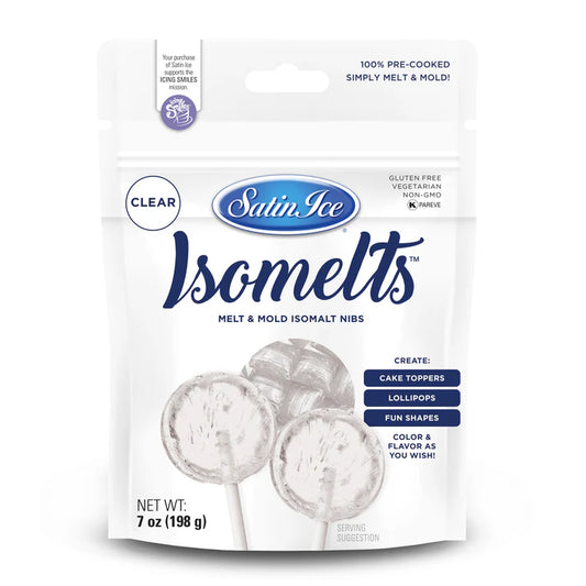 Front of Satin Ice Isomelts clear isomalt nibs bag with white and gray packaging and images of clear translucent lollipops, labeled 7 oz on a white background.