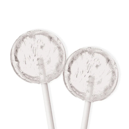 Two clear translucent isomalt lollipops with a glossy, glass-like finish on white sticks, shown on a white background.