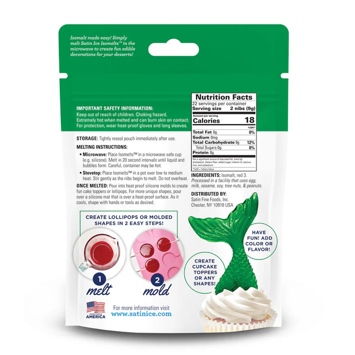 Back of Satin Ice Isomelts green isomalt nibs bag showing nutrition facts, melting instructions, and a photo of a green mermaid tail decoration on a cupcake.