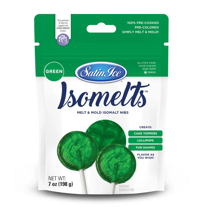 Front of Satin Ice Isomelts green isomalt nibs bag with a green top band and images of green lollipops, labeled 7 oz on a white background.