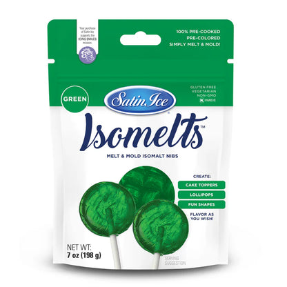 Front of Satin Ice Isomelts green isomalt nibs bag with a green top band and images of green lollipops, labeled 7 oz on a white background.
