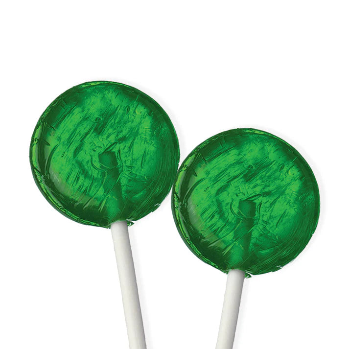 Two translucent green isomalt lollipops with a textured, glassy finish on white sticks, shown on a white background.