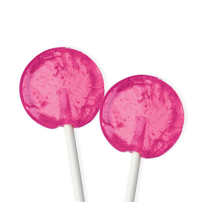 Two translucent pink isomalt lollipops with a glossy, glass-like finish on white sticks, shown on a white background.
